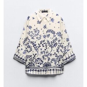 ZARA Womens Kimono Shirt Blouse XS Floral Linen Blend Oversized Button Front